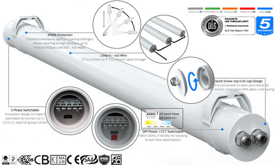 IP69K IP66 TB7 Super-LED-Rohrlicht mit DIP-Schaltanlage/3CCT/3-Phase und 3/5-Leitung