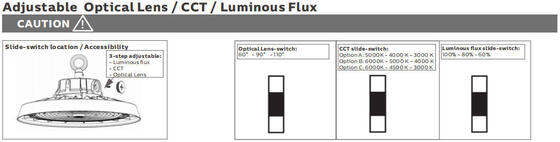 LED-Hallenleuchte mit DIP-Schalter-Einstellungen für Leistung und Farbtemperatur sowie verschiedenen Abstrahlwinkeln für Industrieanwendungen