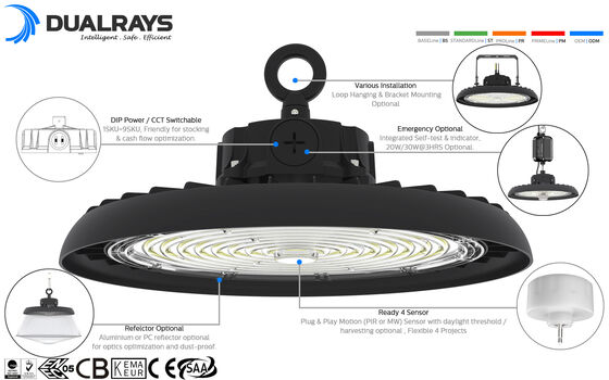 HB3 DIP-Schalter-fähig Leistung und 3CCT UFO LED High Bay Leuchte 100W 192LPW mit Vorbereitung für Sensor (PIR/Bewegungsmelder)