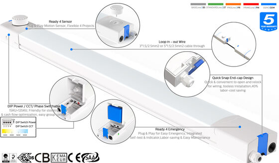 D4 LED-Feuchtigkeitsschutzlampe 160LPW mit Ready 4 Emergency 4W@3HRS Plug-and-Play mit Schnellverschluss-Endkappe für einfache Installation