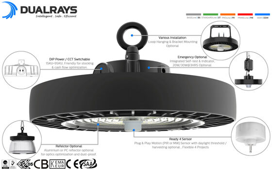 50W 60W 80W 4000K PC-Objektiv IP65 IK08 7 Jahre Garantie Werkslager DUALRAYS LIGHTING HB4H UFO LED High Bay Light